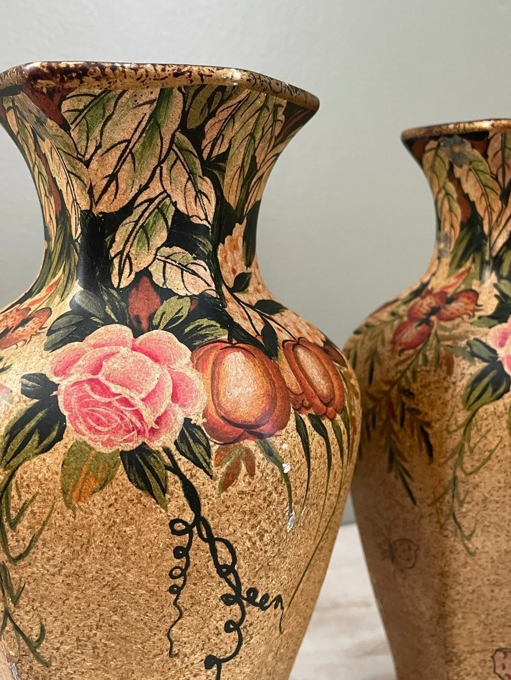 Vintage Nantucket Ceramic Vase Pair | Hand Painted Floral Butterfly